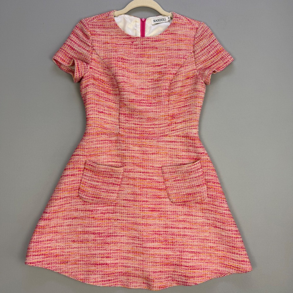 Mardoll Pink Orange Tweed Short Sleeve A-Line Dress Size M Pockets Lined